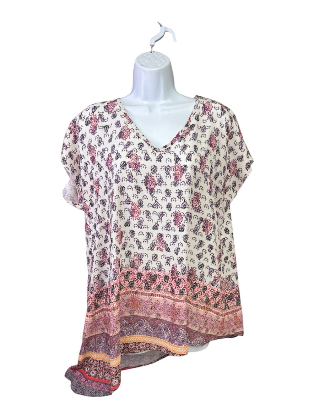 Cato size large Cream Floral V-Neck Tunic with Pink & Purple Border asymmetrical